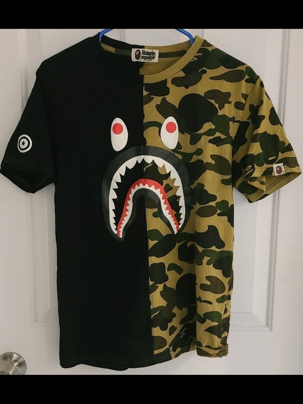 BAPE Shark Graphic Split Camouflage T-Shirt - Green/Black